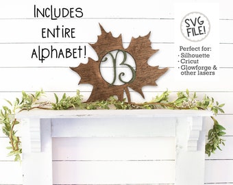 Leaf Monogram SVG | Maple Laser Template | Autumn Cut File | Entire Alphabet Monogram Leaves | Glowforge Tested Template | Resize to Any