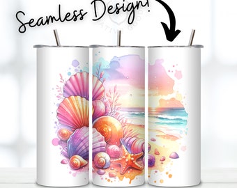 Colorful Shells Tumbler 20oz Tumbler Wrap Skinny Straight, Tumbler Sublimation Design, Digital Download, Seamless Design Seashells Rainbow