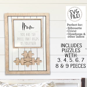Día de la Madre ((Mamá)) Signo de rompecabezas / Regalo de la abuela / Archivo SVG personalizado / Patrón digital Glowforge / Signo shiplap / Láser fácil