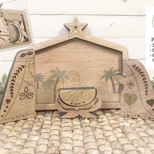 Miniaturowa drewniana szopka SVG | Plik laserowy do szopki | Plik z wzorem laserowym Glowforge | Łatwy wzór świąteczny | Scena żłobka w stylu nordyckim
