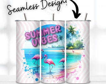 Summer Vibes Flamingo Tumbler 20oz Tumbler Wrap Skinny Straight, Tumbler Sublimation Design, Digital Download, Seamless PNG, Inflatable PNG