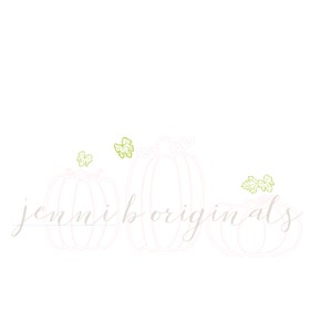 May include: Line art illustration of three pumpkins with green leaves and stems. The text "jemmi boriginals" is written below the pumpkins.