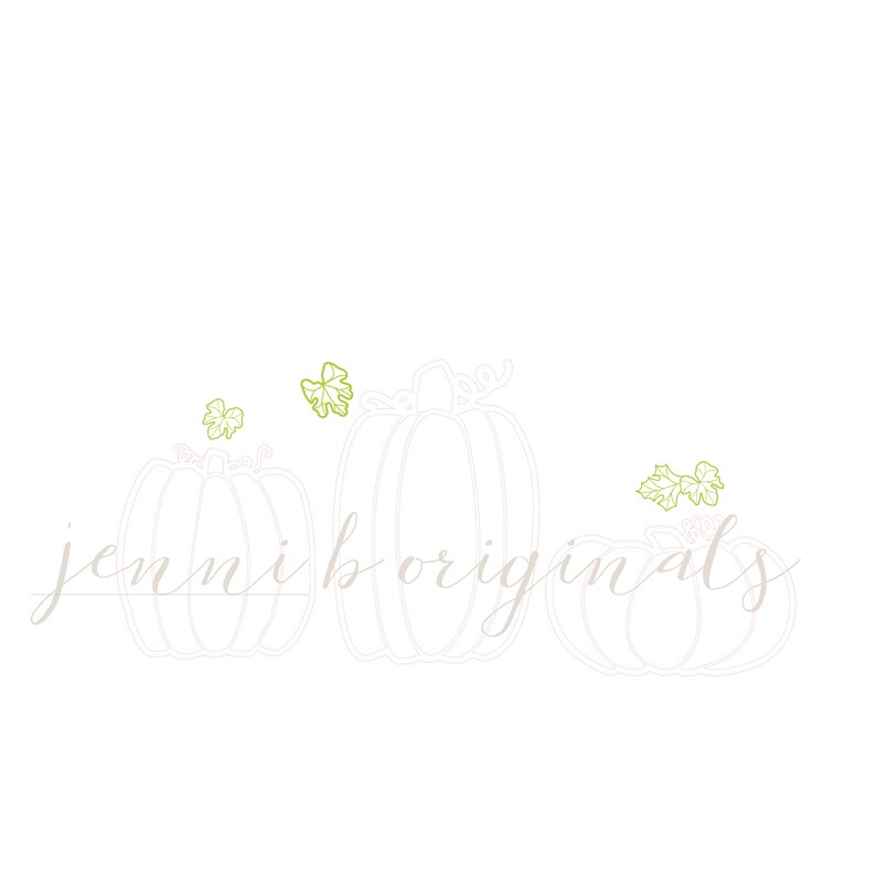 May include: Line art illustration of three pumpkins with green leaves and stems. The text "jemmi boriginals" is written below the pumpkins.