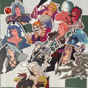 May include: A collection of colorful stickers featuring various anime-style characters. The stickers showcase a variety of designs, including characters with blue, blonde, and red hair, and unique outfits. The stickers are arranged on a green and white checkered surface.