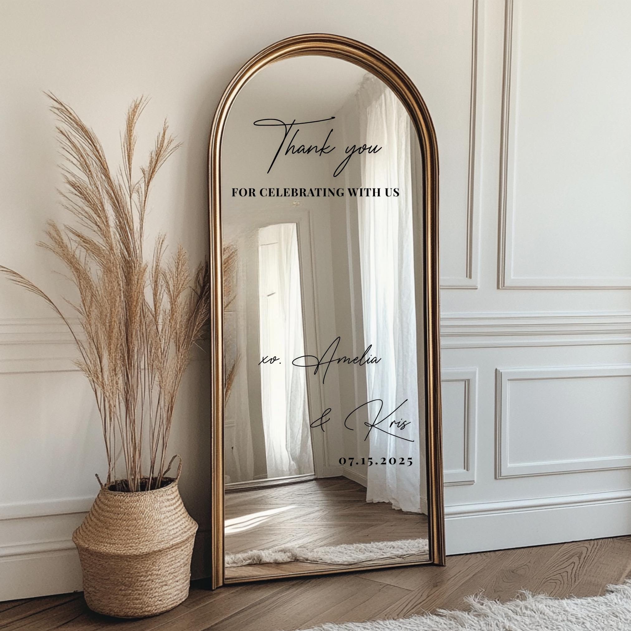 Custom Wedding Vinyl Mirror Decal Wedding Sign Thank You For Celebrating With Us Vinyl Wedding Reception Sign Selfie Mirror Decal With Names