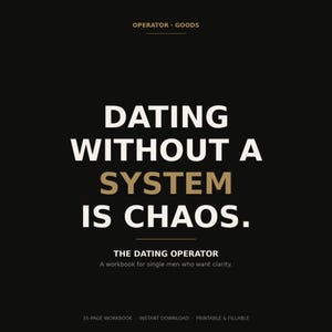 May include: Black background with white and gold text. The text reads: "DATING WITHOUT A SYSTEM IS CHAOS." Below, it says "THE DATING OPERATOR" and "A workbook for single men who want clarity."