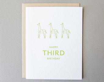 Giraffe Third Birthday - Letterpress Card - Birthday Card