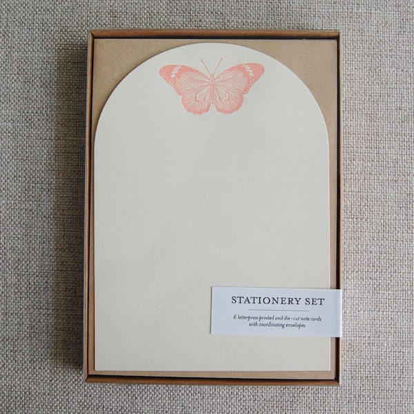 Pink Butterfly stationery kit, letterpress stationery with envelopes