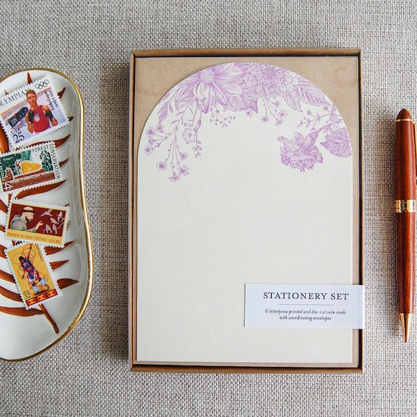 Garden Purple Floral stationery kit, letterpress stationery with envelopes