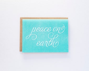 Peace on Earth - Neon Pinstripe Letterpress Card - Holiday Card - Christmas Card