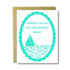 Ik wens je een spannende reis - zeilboot papercut boekdruk kaart - gefeliciteerd kaart