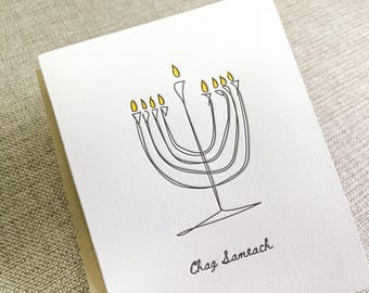 Chag Sameach, Chanukka Letterpress Karte, Menora Linienzeichnung