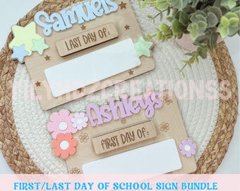 May include: A set of two wooden signs with a first and last day of school theme. The signs are decorated with stars and flowers. The text on the signs reads "Samuels Last Day Of" and "Ashleys First Day Of".