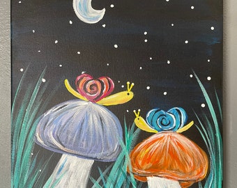 Toadstool Mushroom Snail Acrylic Painting 11x14