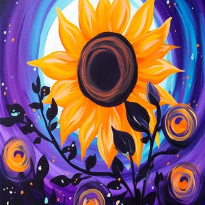 May include: A vibrant painting of a sunflower against a purple and blue background. The sunflower has bright yellow petals and a dark brown center. Black leaves and stylized flowers with orange centers are in the foreground.