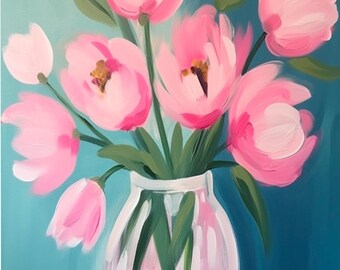 Puede incluir: Pintura de tulipanes rosas en un jarrón transparente con base rosa. Los tulipanes tienen tallos y hojas verdes, sobre un fondo turquesa. El jarrón está sobre una superficie blanca.