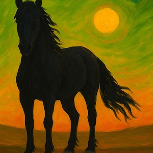 Puede incluir: Pintura de un caballo negro silueteado contra un atardecer. El caballo está de perfil, con la crin y la cola ondeando. El fondo presenta un degradado de naranja, amarillo y verde, con un sol amarillo brillante.
