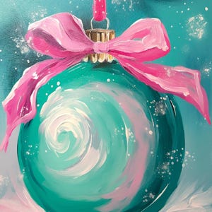 May include: A teal blue Christmas ornament with a white swirl design and a pink bow.