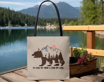 Bear Mountain Camping Tote Bag, Happy Camper Eco Friendly Outdoor Adventure Lover Handtas, Cadeau voor Camper, Cadeau voor natuurliefhebber