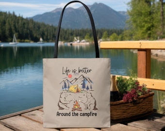 Het leven is beter Camping Tote Bag, Campfire Bears Eco Friendly Outdoor Adventure Lover Handtas, Cadeau voor camper, cadeau voor natuurliefhebber