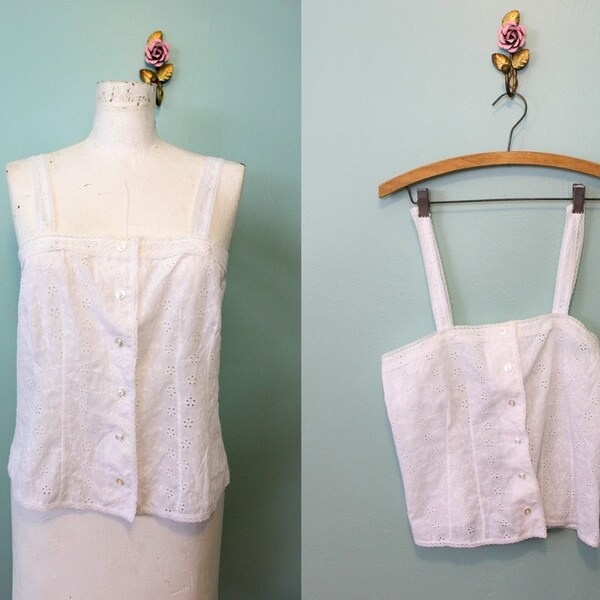 1960s 70s white cotton eyelet pinafore camisole blouse top / button up -SM