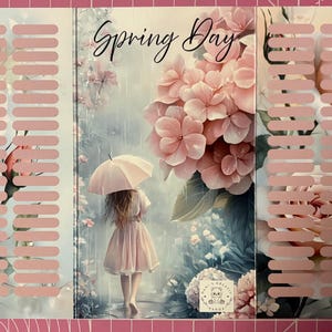 Könnte beinhalten: Dekorative Karte mit floralem Design und dem Schriftzug "Spring Day". Die Karte zeigt eine Frau mit Regenschirm in einem rosa Kleid, umgeben von rosa Hortensien und Rosen. Die Karte hat ein rosa und weißes Farbschema.