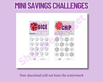 Dice and Poker chip Savings Challenges (Digital) set of 2 Mini 3x6" - Personal budgeting tool, Cash stuffing, Budgeting games 8.5x11" sheet