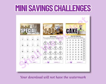 Wedding Savings Challenges (Digital Download) set of 3 Mini 3x6" - Personal budgeting tool, Cash stuffing, Budgeting games 8.5x11" sheet