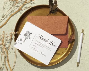 Tarjeta de agradecimiento de boda floral monocromática en blanco y negro, plantilla, tarjeta plegada/nota, imprimible, editable, diseño Canva DESCARGA INSTANTÁNEA