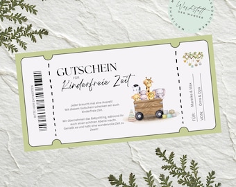 May include: A light green gift certificate with the words "GUTSCHEIN FÜR Kinderfreie Zeit" in black. The certificate features a wooden wagon with stuffed animals and the text "Bitte hier entwerten".