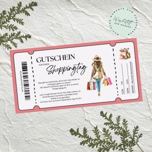 May include: A pink shopping gift certificate with the word "GUTSCHEIN" at the top. The certificate features an illustration of a woman carrying shopping bags. Text on the certificate includes "Shoppingtag" and other German text.
