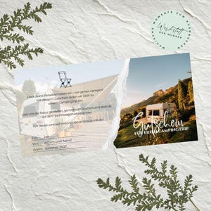 May include: A rectangular gift voucher featuring a camping theme with a white caravan, a line drawing of a folding chair, and German text. The right side shows a landscape with a caravan in mountains. Includes fields for names and dates.