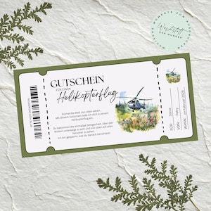Könnte beinhalten: Ein grüner Gutschein für einen Helikopterflug. Der Gutschein trägt die Aufschrift "GUTSCHEIN FÜR EINEN Helikopterflug" und enthält eine Aquarellillustration eines Hubschraubers. Der Text auf dem Gutschein ist auf Deutsch.