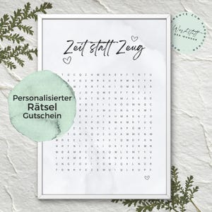 Personalisierter Rätsel Gutschein, Wortsuche, PDF Download, Worträtsel zum Ausdrucken, Perfekt als Last-Minute Geschenkidee, Zeit statt Zeug