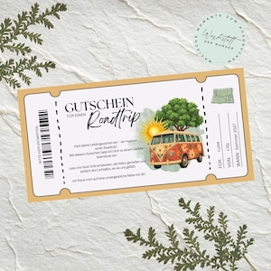 May include: A rectangular gift voucher featuring a graphic of a vintage van with floral patterns, a yellow sun, and a green tree. The text reads GUTSCHEIN FÜR EINEN Roadtrip, with fields for recipient, sender, and date. A barcode is on the left side.