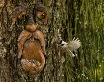 Decoración de jardín de caras de árbol, comedero de pájaros, arte de patio, adorno de jardín, decoraciones de árboles al aire libre, cara mágica para árbol, decoración de árboles