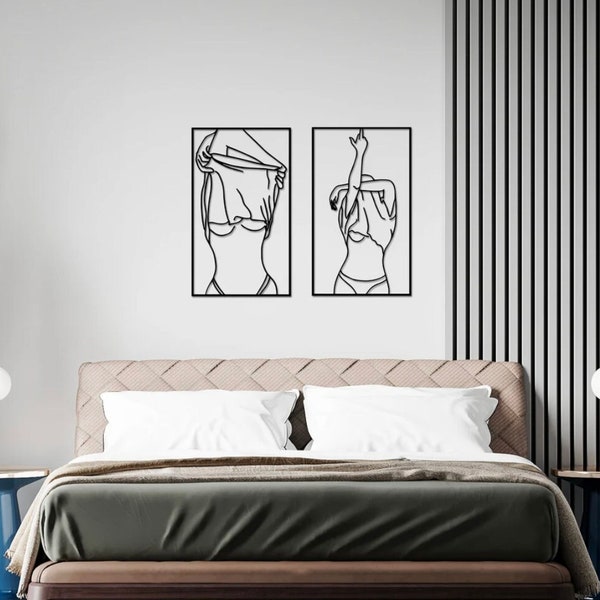 Undressing Woman One Metal Line Art, Women Frame Bathroom Decor, Above Bed Wall Art, Women WallArt, Sensual Female Figure