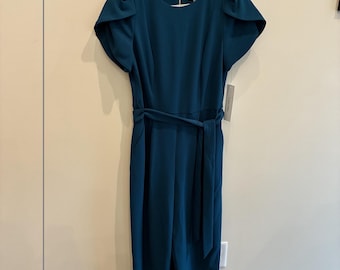 CALVIN KLEIN Pleated Tulip Short Sleeve Tie Waist Blue Jumpsuit Size 6 NEW!