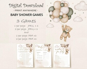 Neutrale babyshowerspellen, direct downloaden, voorspellingen en advieskaarten voor berenbaby x 3, Bearly Here, Balloon Bear Baby, Gender Reveal, Teddy