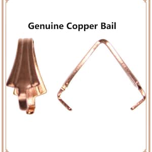 May include: Two copper bails, one with a decorative, flared design and the other a simple V-shape. The text "Genuine Copper Bail" is displayed above the objects. These findings are likely for jewelry making.