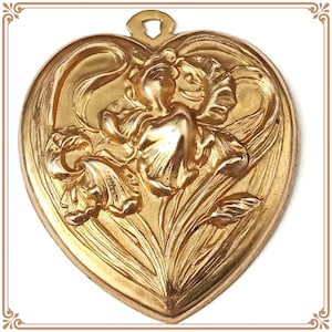 Art Nouveau Brass Iris Heart Pendant Stamping, Vintage Charm, Jewelry Making Supply USA