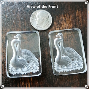 May include: Two clear, rectangular glass pendants with a carved design of two swans. A U.S. dime is included for size comparison. The swans are depicted with their necks intertwined, resting on a bed of etched grass.