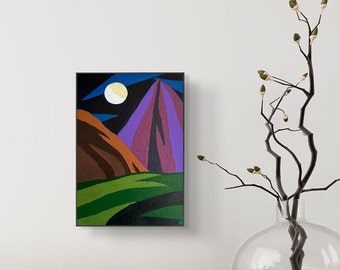 Small original mountain painting, 'Moonlit mountains', Acrylic on canvas board, Bold colour wall modern art, Home decor, 12.7 x 17.8cm