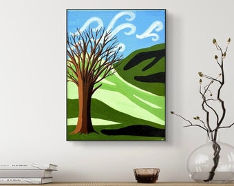 Original acrylic green landscape painting, 'Tree in green fields', Canvas frame, Colourful wall art, Vibrant picture, 23.5cm x 31cm