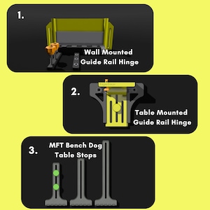 Könnte beinhalten: Drei verschiedene Arten von Führungsschienen-Scharnieren für Holzbearbeitungsprojekte. Die erste ist ein Wand-Scharnier, die zweite ist ein Tisch-Scharnier und die dritte ist ein Tischanschlag für einen Bankhund. Alle drei sind aus schwarzem und gelbem Kunststoff.