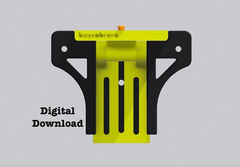 May include: A black and yellow 3D printed wall mount with the text "boycabrera" printed on the top. The text "Digital Download" is printed below the mount.