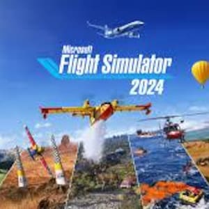 May include: A promotional image for "Microsoft Flight Simulator 2024" set against a clear blue sky. The image showcases a variety of aircraft, such as a biplane, helicopter, and blimp, alongside hot air balloons and a jet. The scene is a collage of landscapes, including mountains and water.