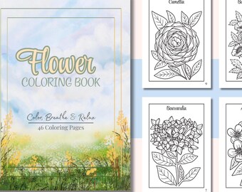 Adult Flower Coloring Book Printable-46 Pages-Floral Coloring Pages with Flower Names-Instant Download-Mother’s Day Gift-Easter-Spring-