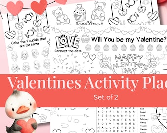 Valentine Activity Placemats Printable Set of 2  Kids Valentine Coloring & Games  Classroom Valentine Party Activity Instant Download PDF
