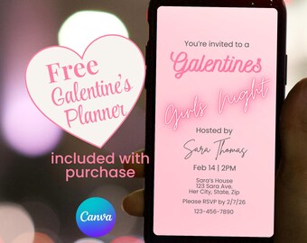 Galentine’s Phone Invitation Template | Editable Girls Night Invite | FREE Galentine’s Party Planner Included